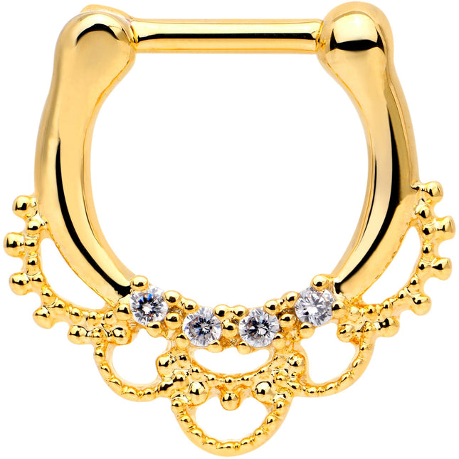 1/4 Clear CZ Gem Gold Tone Anodized Filigree Nipple Clicker Set
