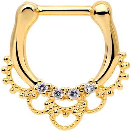 1/4 Clear CZ Gem Gold Tone Anodized Filigree Nipple Clicker Set