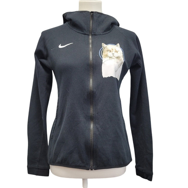 Hand Printed Upcycled Womens Small Nike Kitten Cat Long Sleeve Full Zip Jacket