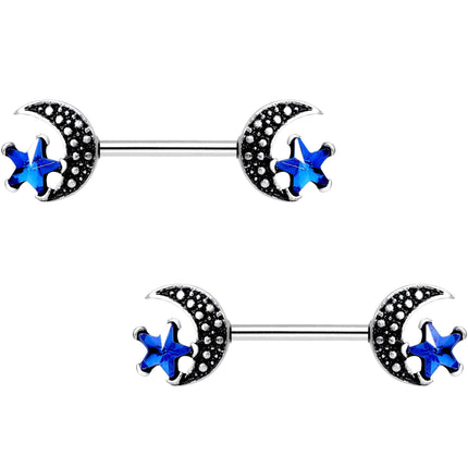 9/16 Blue Gem Stars and Moons Barbell Nipple Ring Set