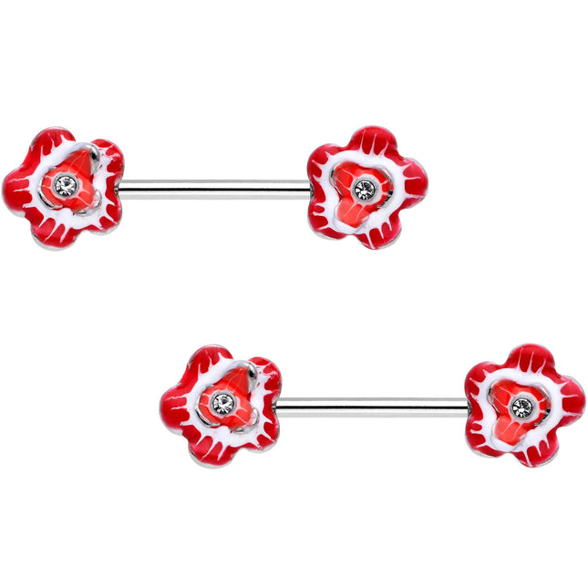 9/16 Clear Gem Red Anemone Buttercup Flower Barbell Nipple Ring Set