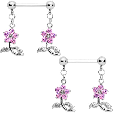 9/16 Pink Clear CZ Gem Stemmed Flower Dangle Barbell Nipple Ring Set