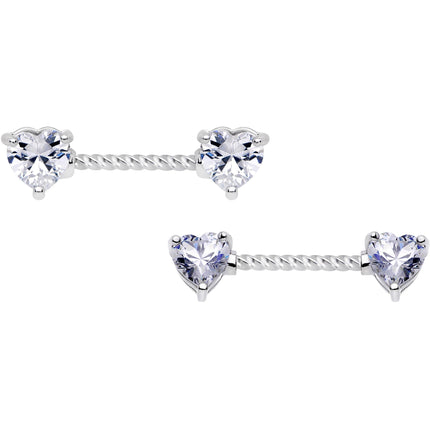 14G Clear CZ Gem Heart Twisted BCR Ring Barbell Nipple Ring Set