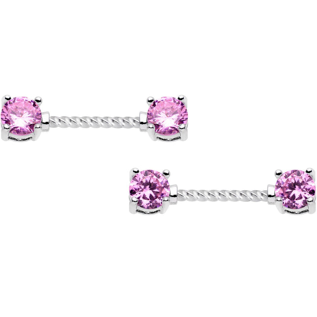 14G 5/8 Pink CZ Gem Twisted Captive Ring Barbell Nipple Ring Set