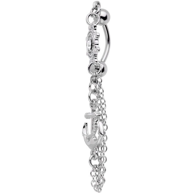Ship Wheel and Anchor Nautical Chain Reversible Top Mount Dangle Belly Ring