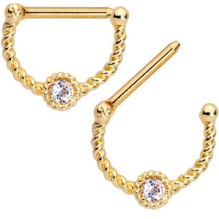14G 7/16 Clear Gem Gold Tone Anodized Twisted Nipple Clicker Set