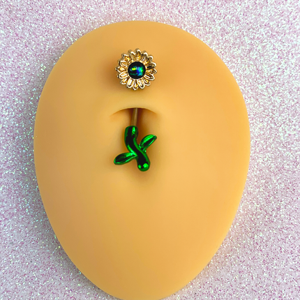 Green Faux Opal Yellow Sunflower Leaf Double Mount Belly Ring