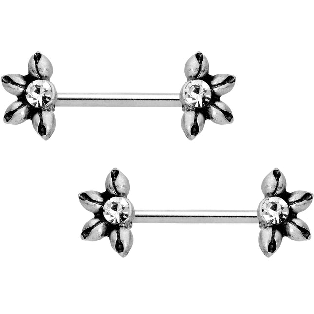9/16 Clear CZ Blooming Flower Barbell Nipple Ring Set