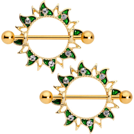 7/8 Clear Green Gem Gold PVD Lucky Sun Nipple Shield Set