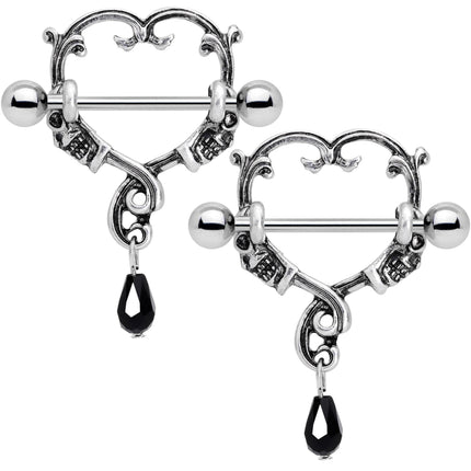 3/4 Black Gem Twisted Skull Heart Nipple Shield Set