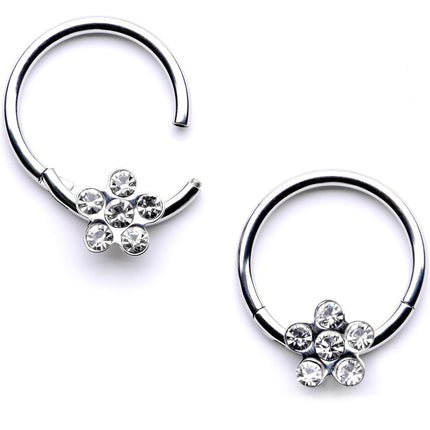 16G 3/8 Clear Gem Petal Flower Hinged Segment Ring Set