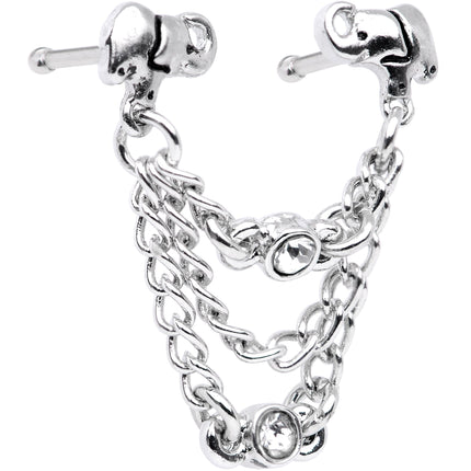 20G 1/4 Clear Gem Elephant Chain Dangle Double Nose Bone