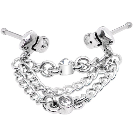 20G 1/4 Clear Gem Elephant Chain Dangle Double Nose Bone
