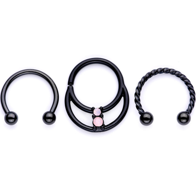 16G 3/8 Pink Faux Opal Black Anodized Horseshoe Closure Ring Set