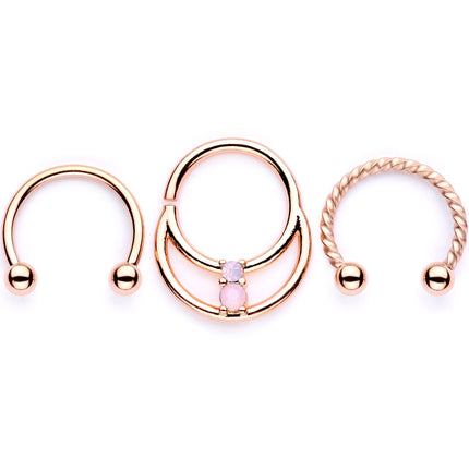 16G 3/8 Pink Faux Opal Rose Gold Tone Horseshoe Closure Ring Set
