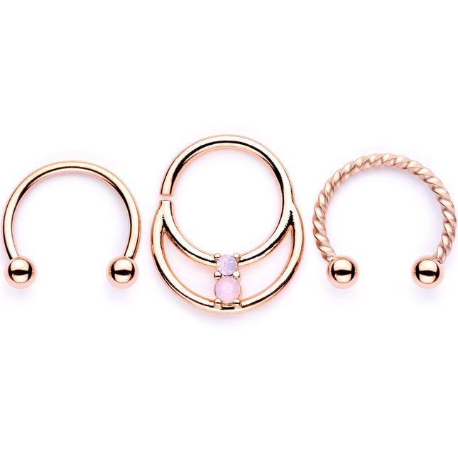 16G 3/8 Pink Faux Opal Rose Gold Tone Horseshoe Closure Ring Set