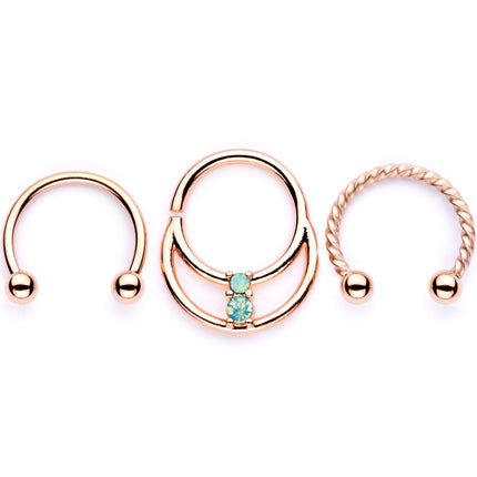 16G 3/8 Teal Faux Opal Rose Gold Tone Horseshoe Closure Ring Set