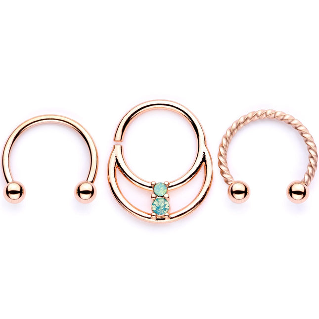 16G 3/8 Teal Faux Opal Rose Gold Tone Horseshoe Closure Ring Set