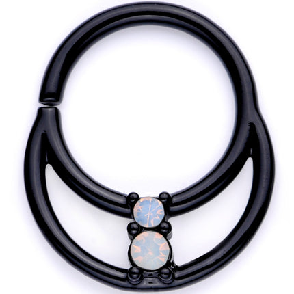 16G 3/8 White Faux Opal Black Anodized Twisted Horseshoe Closure Ring Set