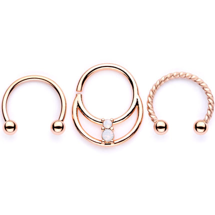 16G 3/8 White Faux Opal Rose Gold Tone Twisted Horseshoe BCR Captive Ring Set