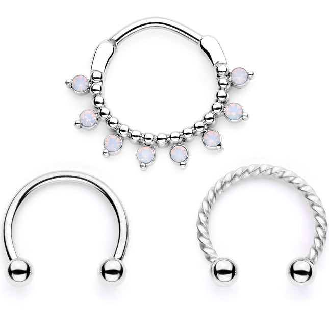 16G 3/8 White Faux Opal Twisted Hoseshoe and Clicker Set of 3