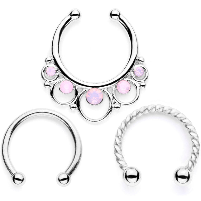 16G Pink Faux Opal Twisted Horseshoe Clip On Fake Septum Ring Set