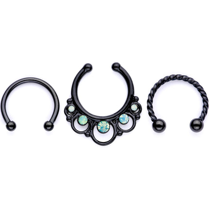 16G Teal Faux Opal Black Anodized Twisted Horseshoe Clip On Fake Septum Ring Set