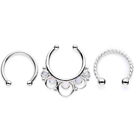 16G White Faux Opal Twisted Horseshoe Clip On Fake Septum Ring Set