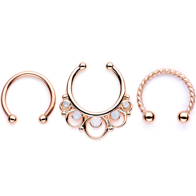 16G White Faux Opal Rose Gold Tone Twisted Horseshoe Clip On Fake Septum Ring Set