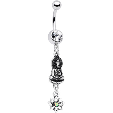 White Synthetic Opal Transcendent Buddha Lotus Flower Dangle Belly Ring