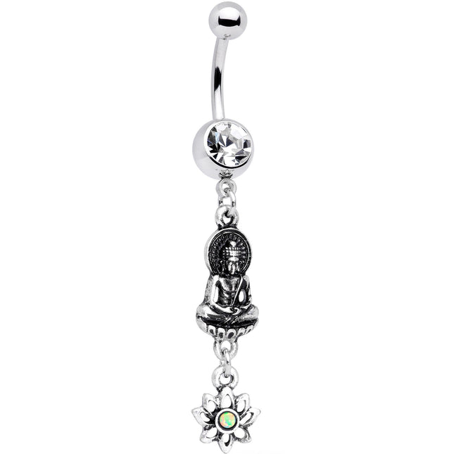 White Synthetic Opal Transcendent Buddha Lotus Flower Dangle Belly Ring