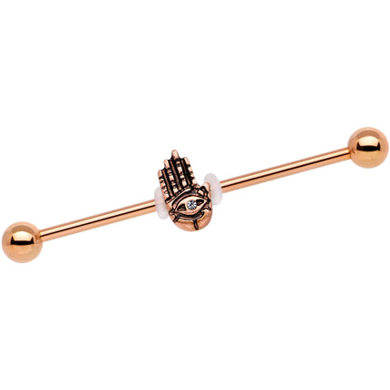 Clear Gem Rose Gold Tone Hamsa Eye Industrial Barbell 38mm