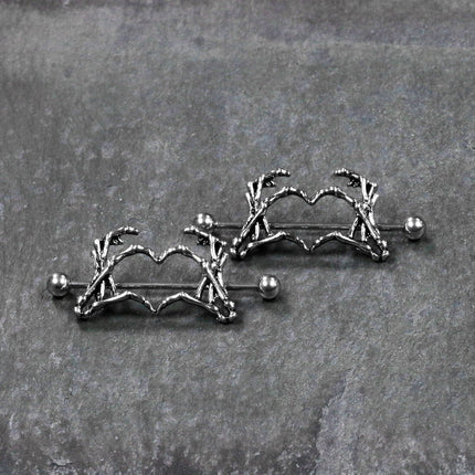 1 1/2 Skeleton Hand Heart Nipple Barbell Shield Set