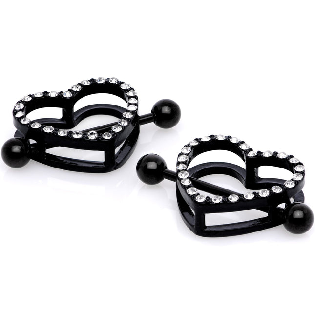 14G 5/8 Clear Gem Black Valentine Heart Nipple Ring Set