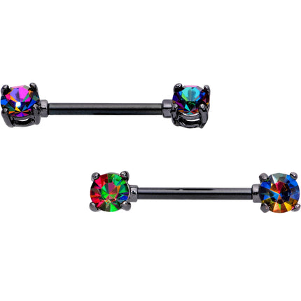 14G 1/2 Rainbow Gem Black Anodized Barbell Nipple Ring Set