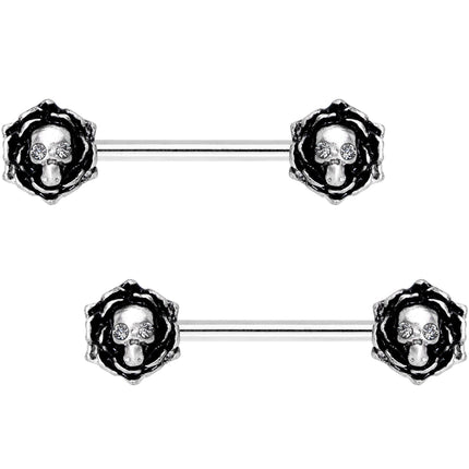 14G 9/16 Clear Gem Skull Rose Flower Barbell Nipple Ring Set