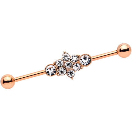 14G Clear Gem Rose Gold IP Floral Cluster Industrial Barbell 38mm