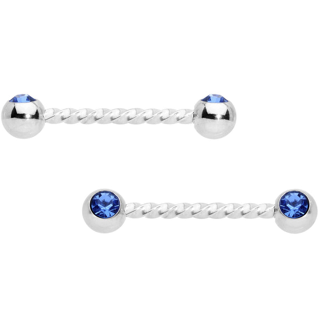 14G 5/8 Blue Gem Twisted Barbell Nipple Ring Set