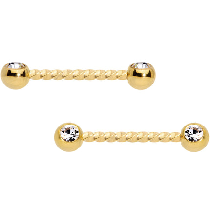 14G 5/8 Clear Gem Gold Tone Twisted Barbell Nipple Ring Set