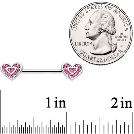 14G 9/16 Pink Gem Passionate Heart Barbell Nipple Ring Set