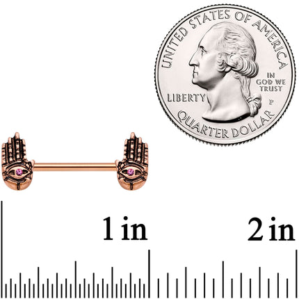 9/16 Pink Gem Rose Gold Tone Hamsa Hand Barbell Nipple Ring Set