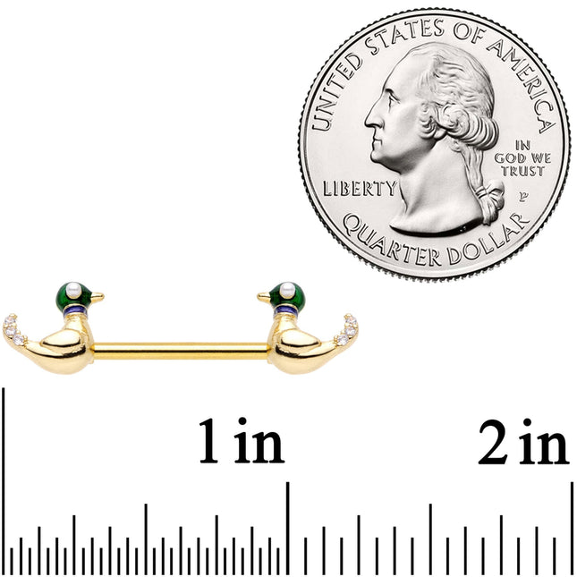 14G 9/16 Clear Gem Gold Tone Just Ducky Barbell Nipple Ring Set