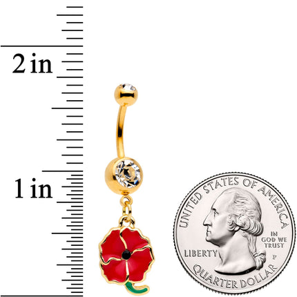 Clear Gem Gold Tone Powerful Poppy Flower Dangle Belly Ring