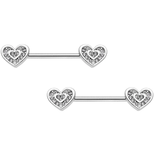14G 5/8 Clear Gem Wrapped Hearts Barbell Nipple Ring Set