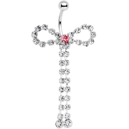 Pink Clear Gem Dainty Graceful Bow With Dangle Belly Ring