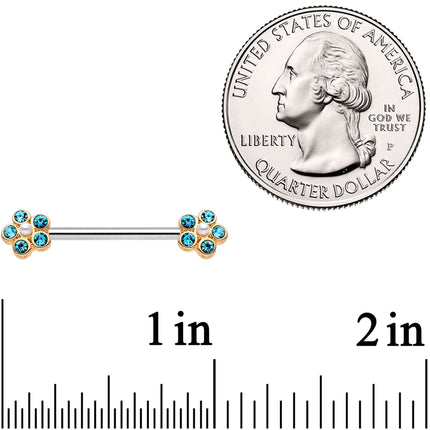 14G 9/16 Aqua Gem Precious Flower Barbell Nipple Ring Set
