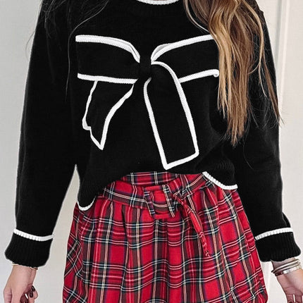 Black Contrast Trim Big Bow Accent Cropped Sweater