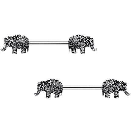 14G 9/16 Ornate Pattern Elephant Barbell Nipple Ring Set