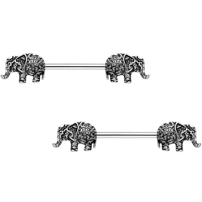 14G 9/16 Ornate Pattern Elephant Barbell Nipple Ring Set
