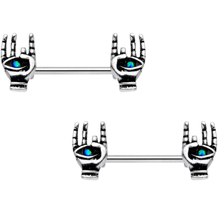 14G 9/16 Synthetic Opal Hamsa Barbell Nipple Ring Set